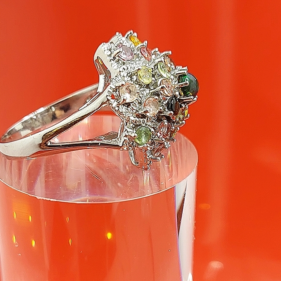 Natural Fire Opal & Tourmaline 925 Sterling Silver Ring Sz 7.5 - Picture 13 of 14